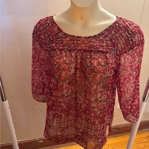 LC - Lauren Conrad Red Puff Sleeve Blouse with Smocked Details